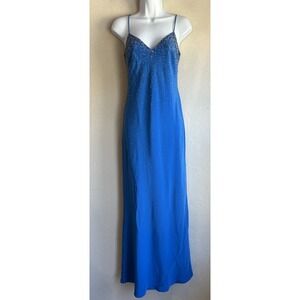 Vintage 90s Y2K Niteline By Nahdree Blue Beaded Maxi Slip Dress 6 Formal Prom